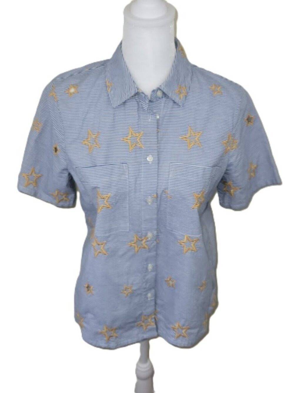 Madewell Button Up Star Shirt Blue & White Stripes Gold Stars Women's Size XS
